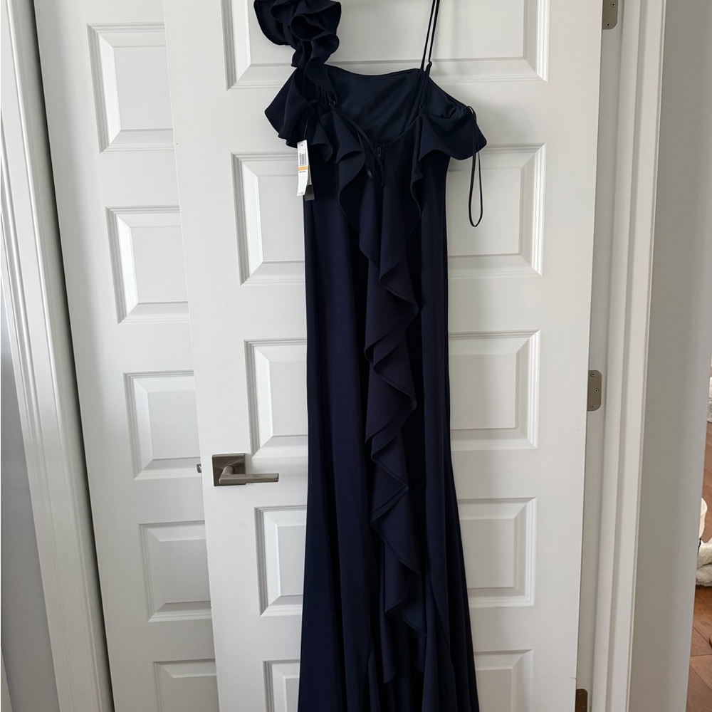 Navy One-Shoulder Ruffle Evening Dress - Picture 2 of 3